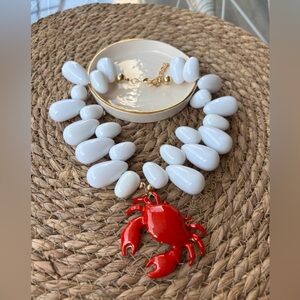 White Beaded Necklace with Red Crab Pendant - Women Jewelry